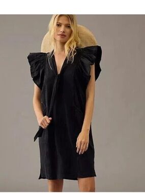 Anthropologie Daily Practice Malibu Creek Mini Dress Black Ruffle Sleeve Size S